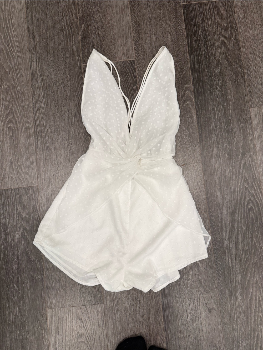by the way. White Swiss Dot Plunge Romper with Twist Front
